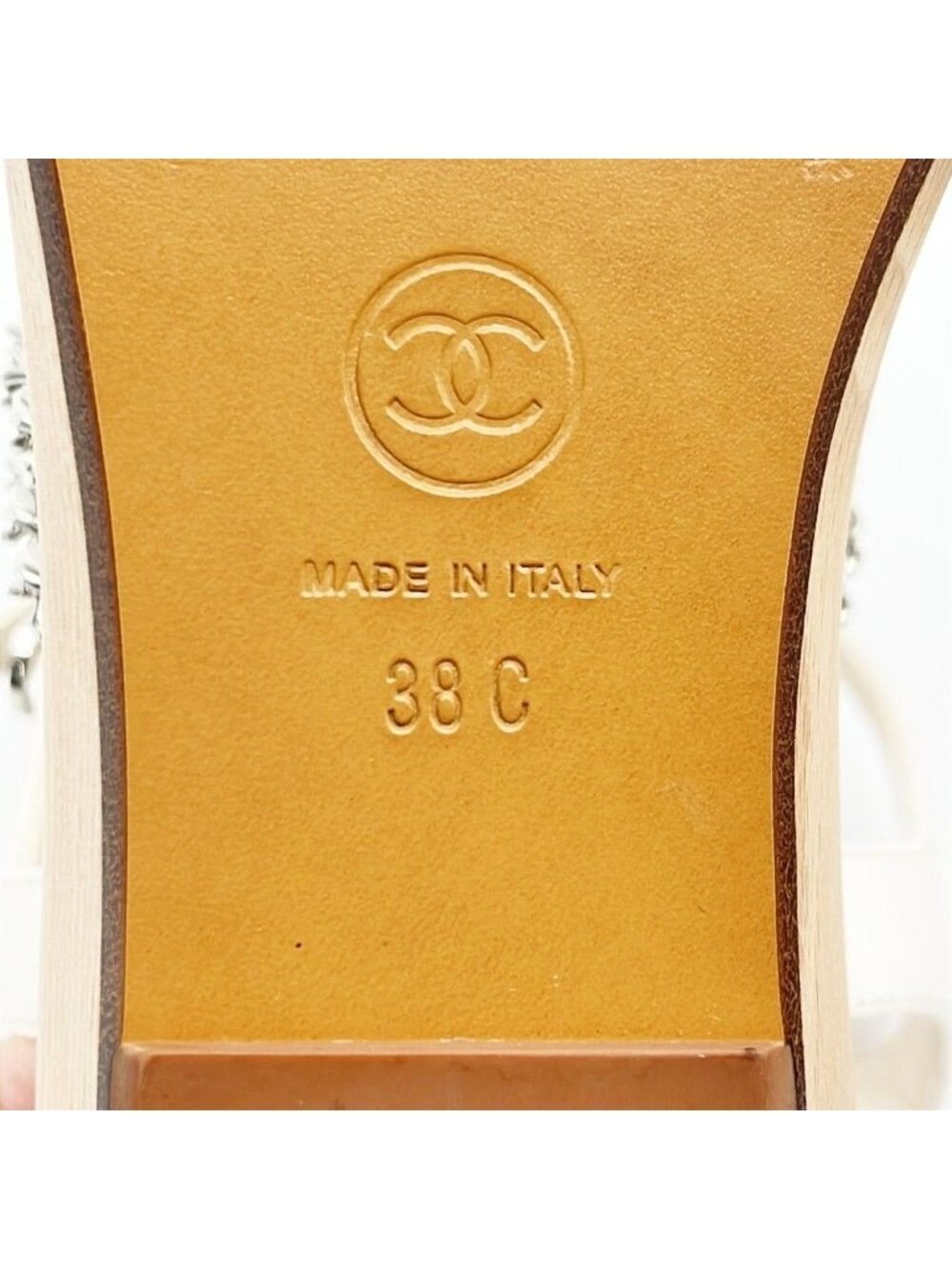 Chanel Sandals CC Logo White Leather Wood Strap Chain Silver - Picture 5 of 7